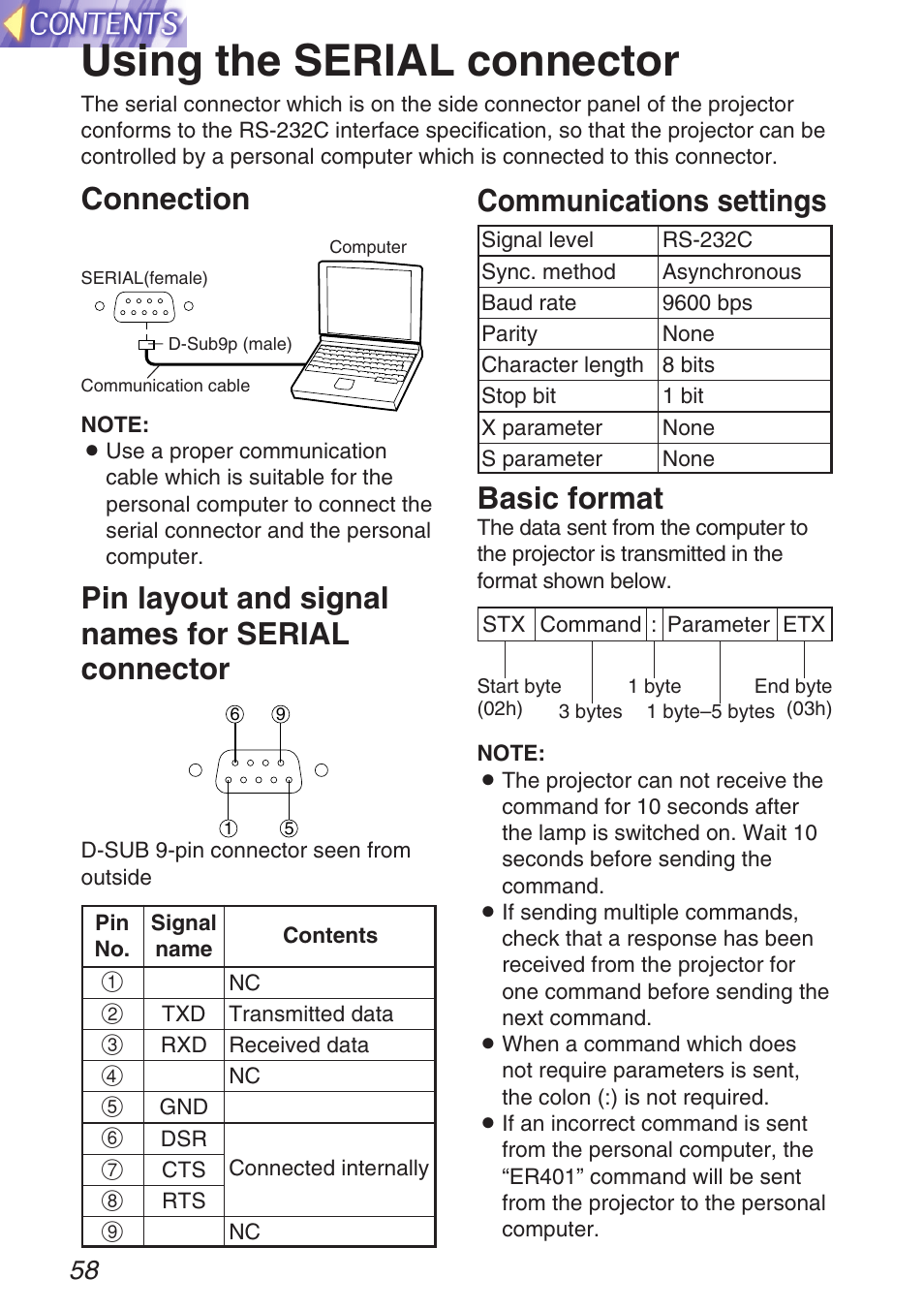 Using the serial connector, Connection, Pin layout and signal names for serial connector | Basic format, Communications settings | Panasonic TQBH9003-6 User Manual | Page 58 / 146