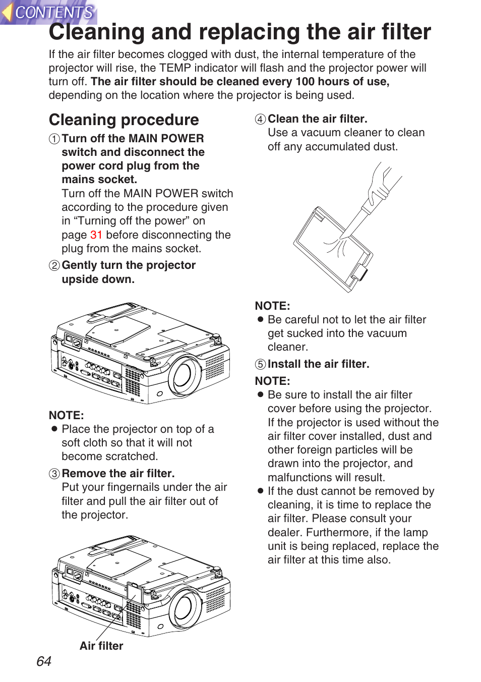 Cleaning and replacing the air filter, Cleaning procedure | Panasonic TQBH9003-6 User Manual | Page 64 / 146