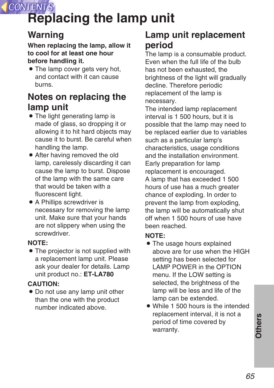 Replacing the lamp unit, Warning, Lamp unit replacement period | Panasonic TQBH9003-6 User Manual | Page 65 / 146