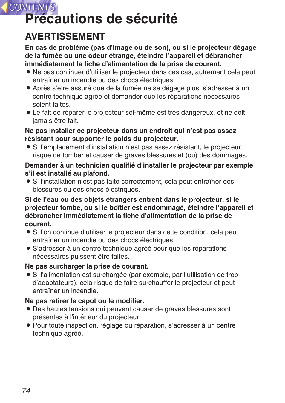Precautions de securite, Précautions de sécurité, Avertissement | Panasonic TQBH9003-6 User Manual | Page 74 / 146