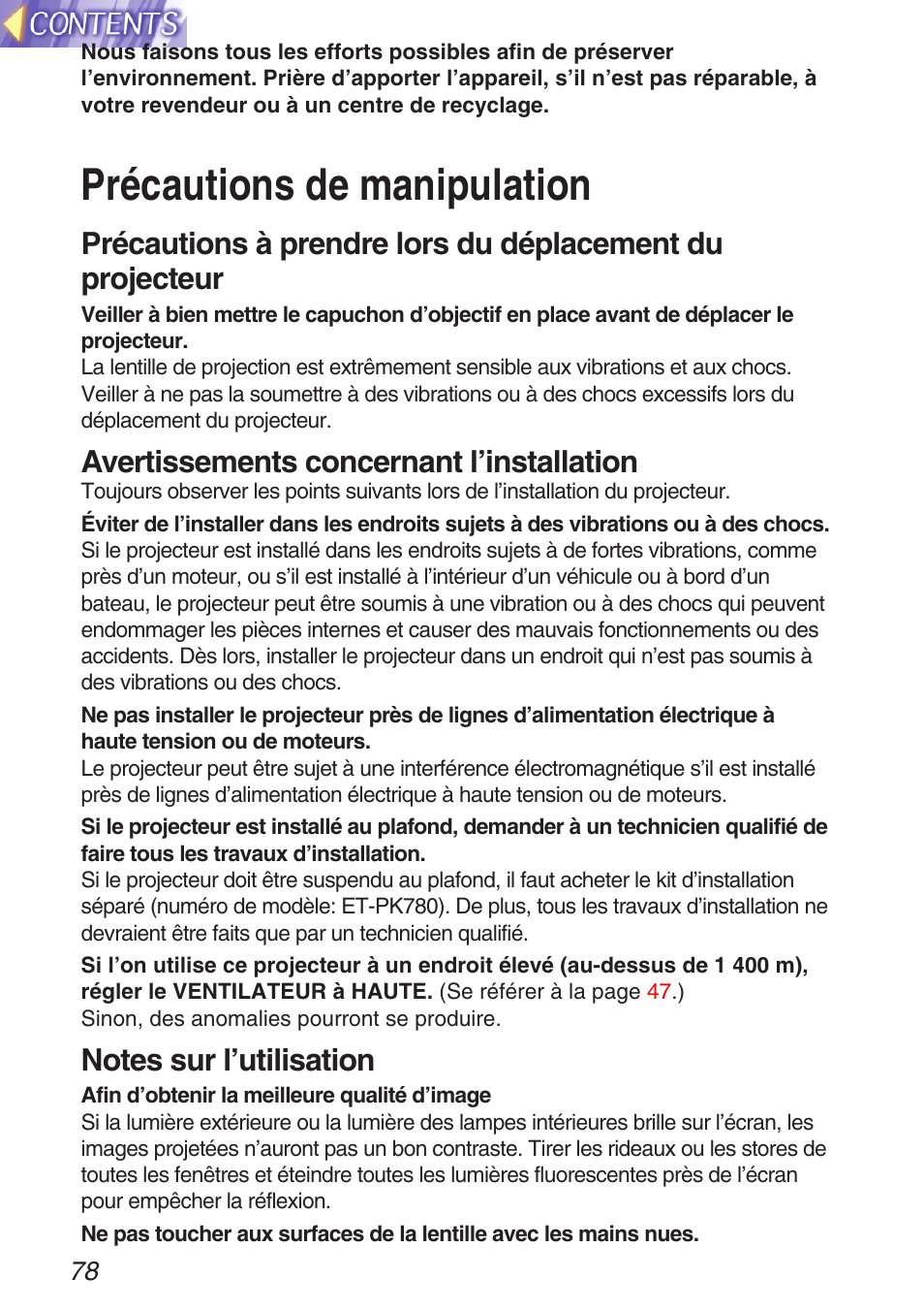 Precautions de manipulation, Précautions de manipulation, Avertissements concernant l’installation | Panasonic TQBH9003-6 User Manual | Page 78 / 146