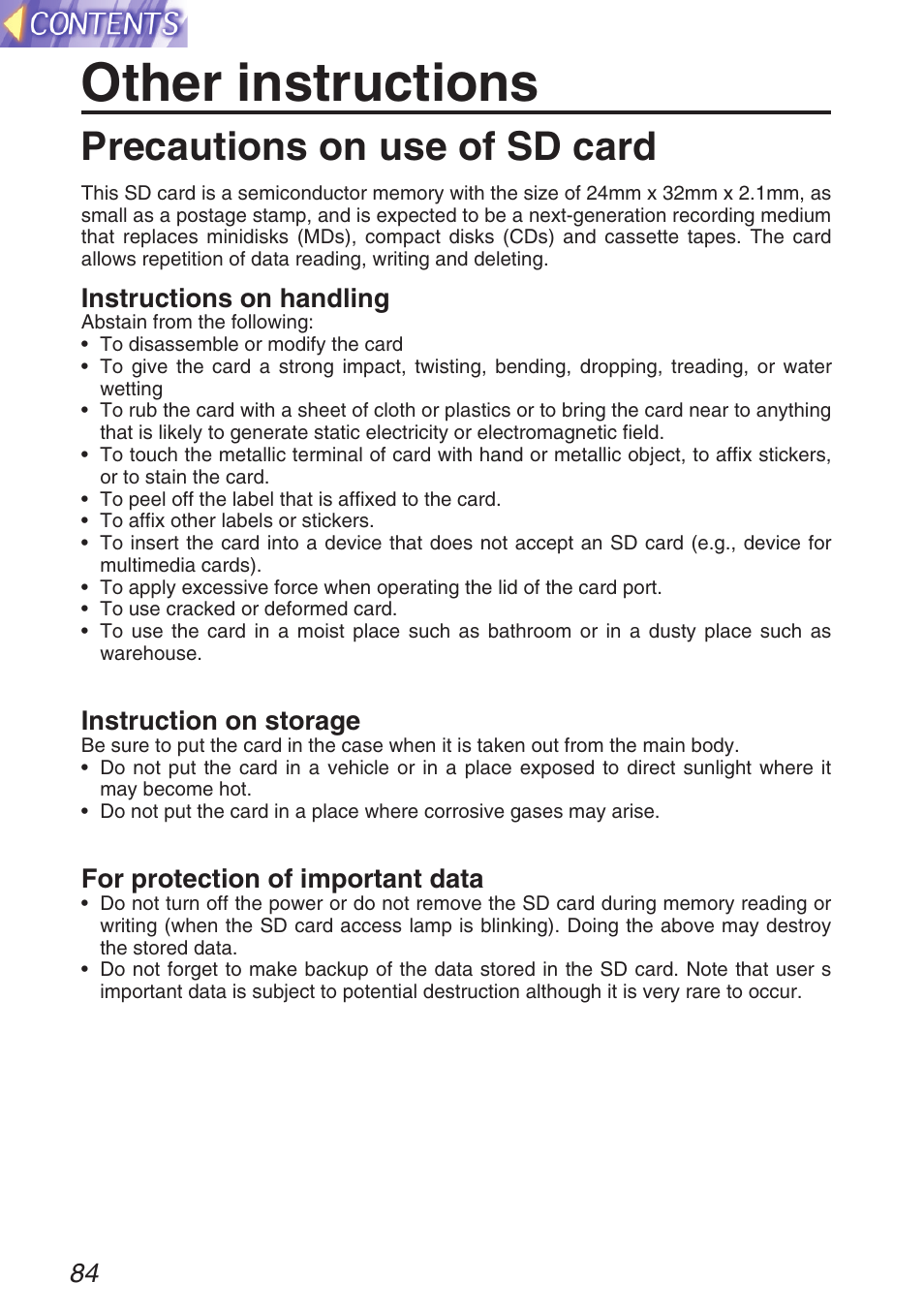 Other instructions, Precautions on use of sd card, Instructions on handling | Instruction on storage, For protection of important data | Panasonic TQBH9003-6 User Manual | Page 84 / 146
