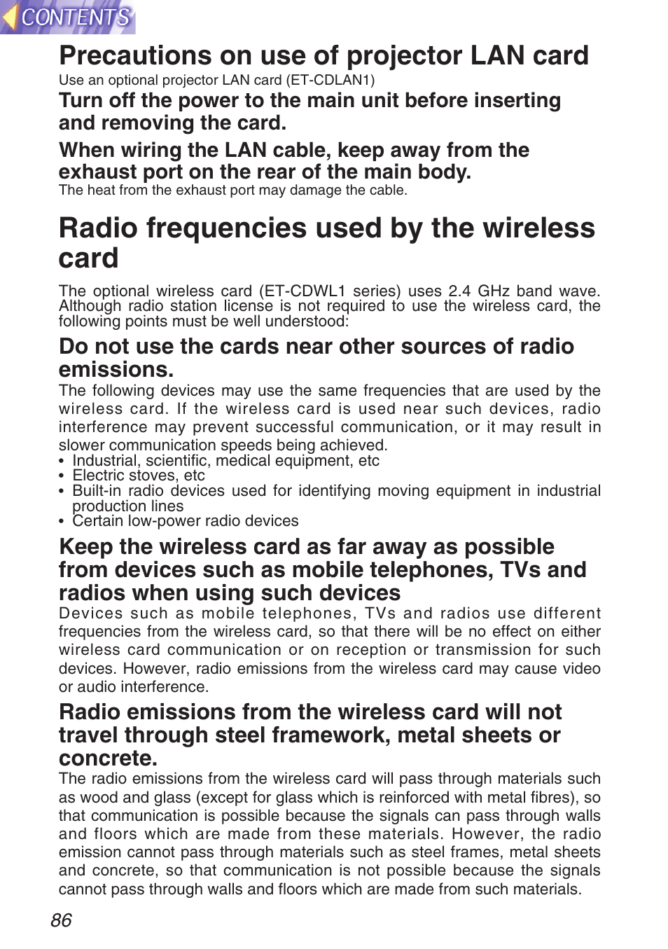 Radio frequencies used by the wireless card, Precautions on use of projector lan card | Panasonic TQBH9003-6 User Manual | Page 86 / 146