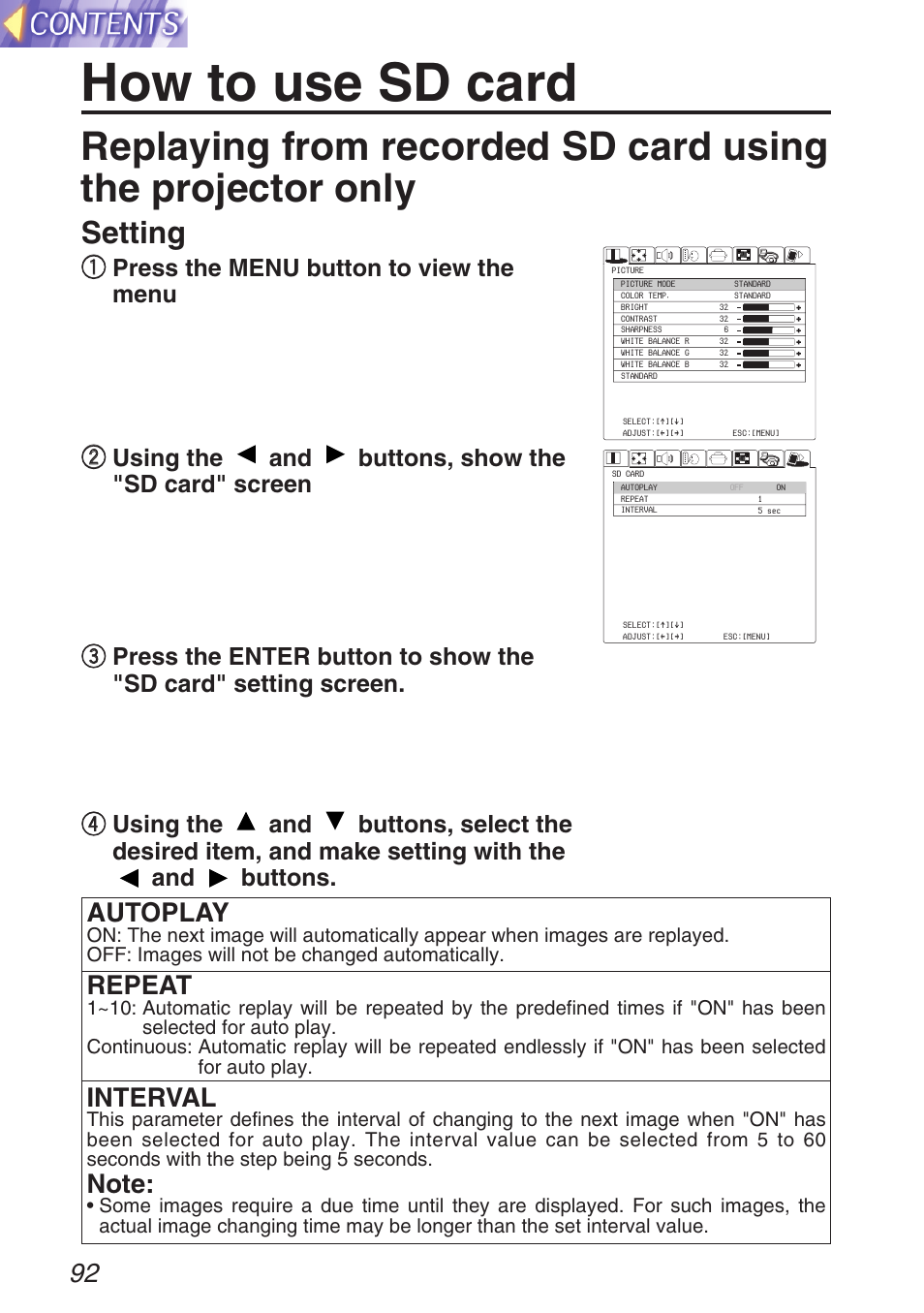 How to use sd card, Setting, Autoplay | Repeat, Interval | Panasonic TQBH9003-6 User Manual | Page 92 / 146