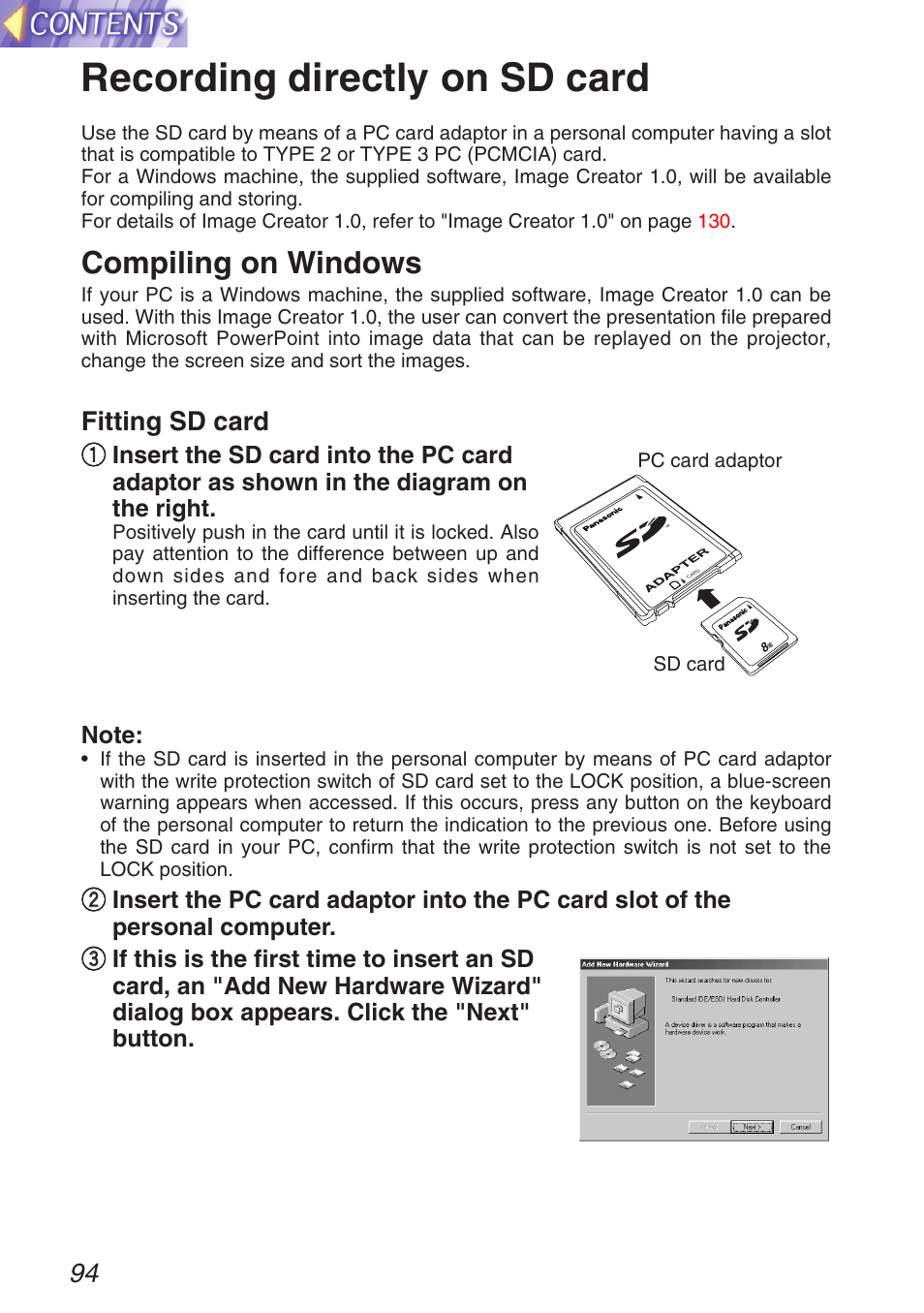 Recording directly on sd card, Compiling on windows, Fitting sd card | Panasonic TQBH9003-6 User Manual | Page 94 / 146