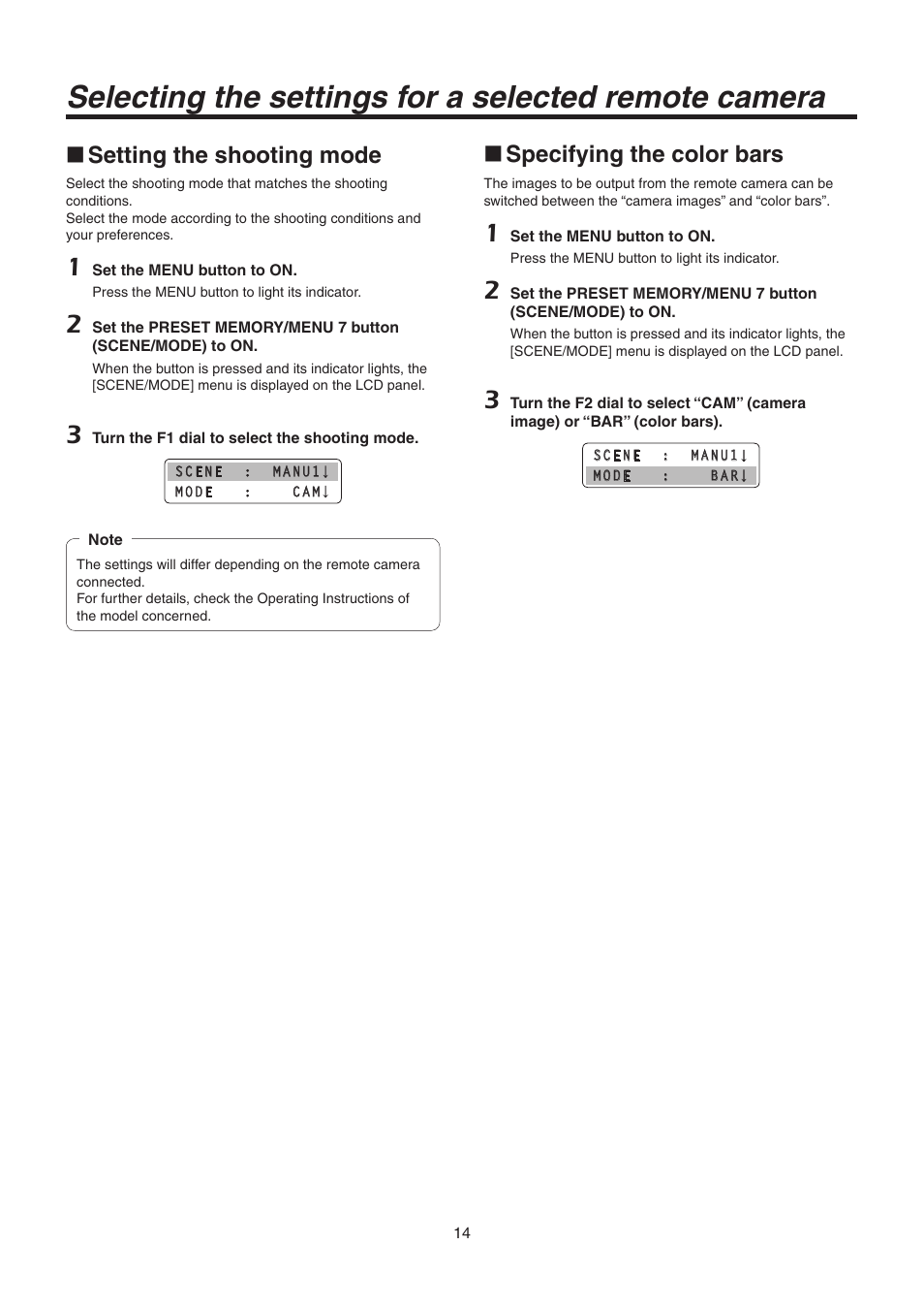 Setting the shooting mode, Specifying the color bars | Panasonic AW-RP50N User Manual | Page 14 / 48