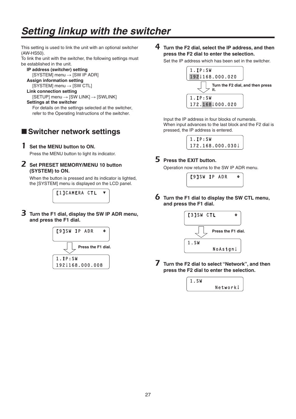 Setting linkup with the switcher, Switcher network settings | Panasonic AW-RP50N User Manual | Page 27 / 48