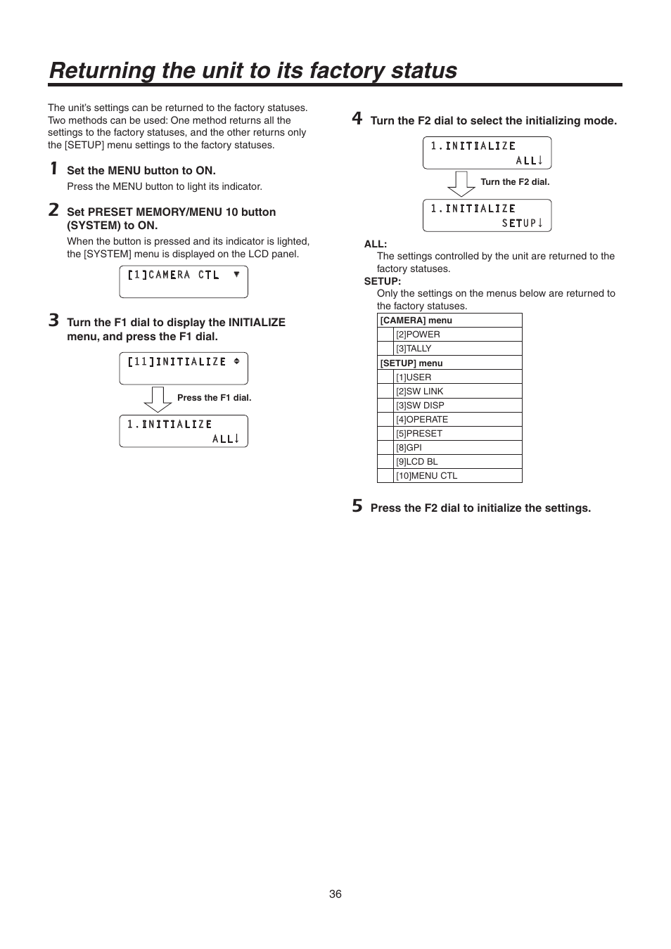 Returning the unit to its factory status | Panasonic AW-RP50N User Manual | Page 36 / 48