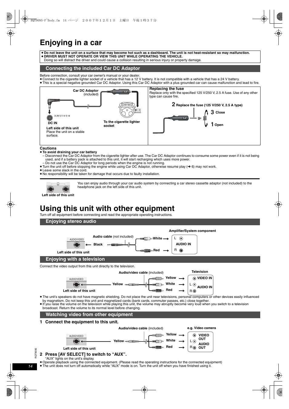 Enjoying in various situations, Enjoying in a car, Using this unit with other equipment | Connecting the included car dc adaptor | Panasonic DVD-LS86 User Manual | Page 14 / 20