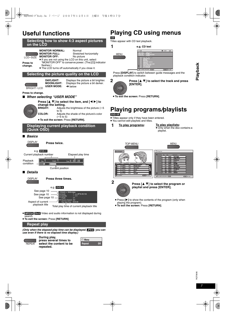 Useful functions, Playing cd using menus, Playing programs/playlists | Playing programs, Playlists, Pl a ybac k, Selecting the picture quality on the lcd, Displaying current playback condition (quick osd), Repeat play, When selecting “user mode | Panasonic DVD-LS86 User Manual | Page 7 / 20