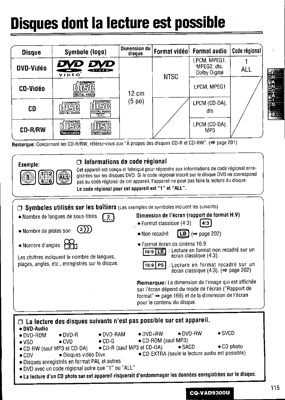 Disques dont la lecture est possible, Exemple, Informations de code régional | Dimension de técran (rapport de format h:v), D]oli [oldll | Panasonic CQ VAD9300U User Manual | Page 115 / 304