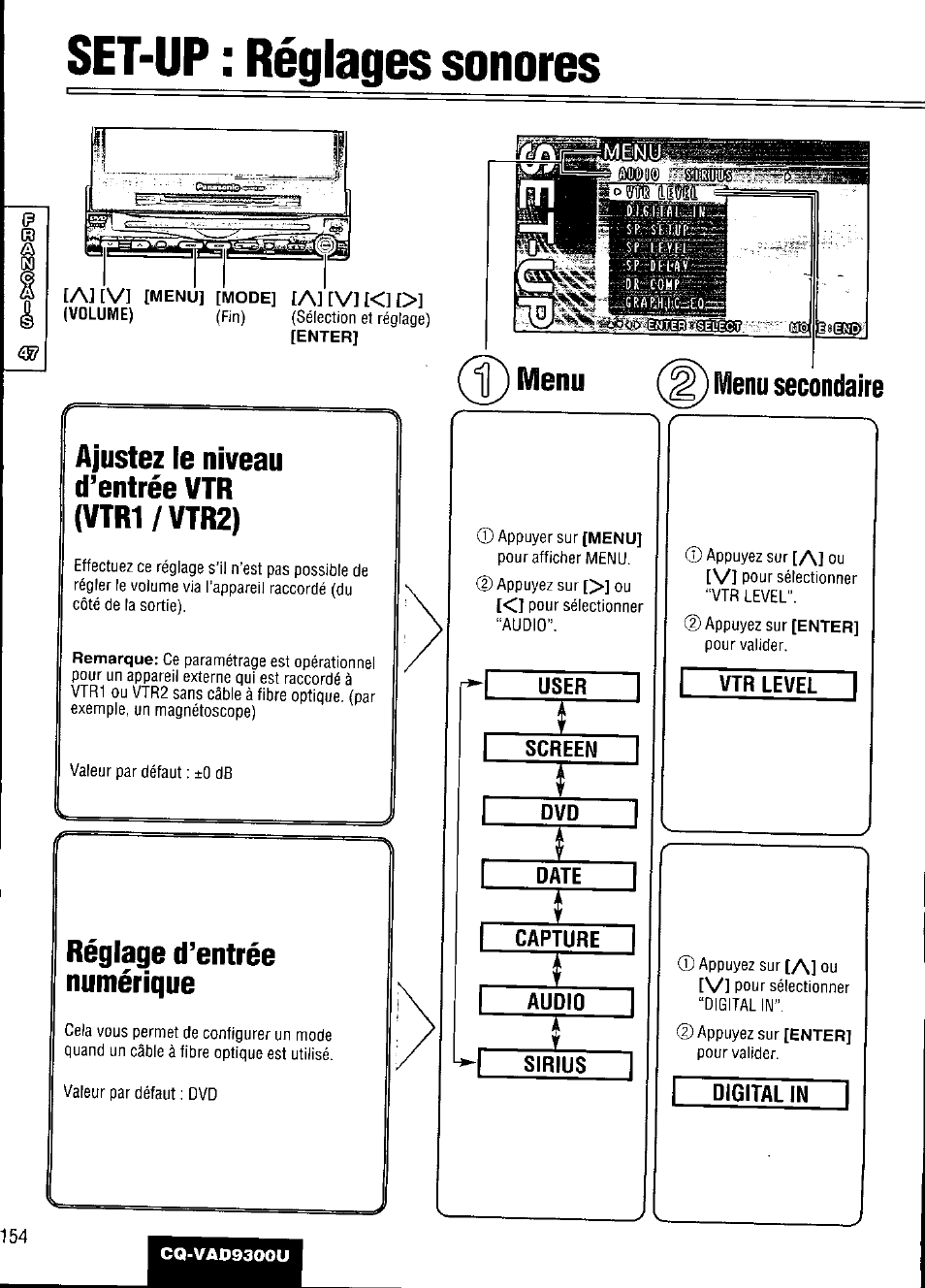 Set-up : réglages sonores, Ajustez le niveau d’entrée vtr (vtr1/vtr2), Set-up | Réglages sonores, Menu secondaire | Panasonic CQ VAD9300U User Manual | Page 154 / 304