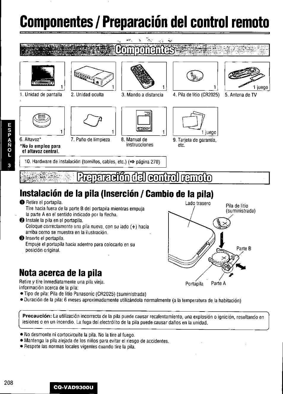 Componentes / preparación del control remoto, Nota acerca de la pila, Aiacion | Panasonic CQ VAD9300U User Manual | Page 208 / 304