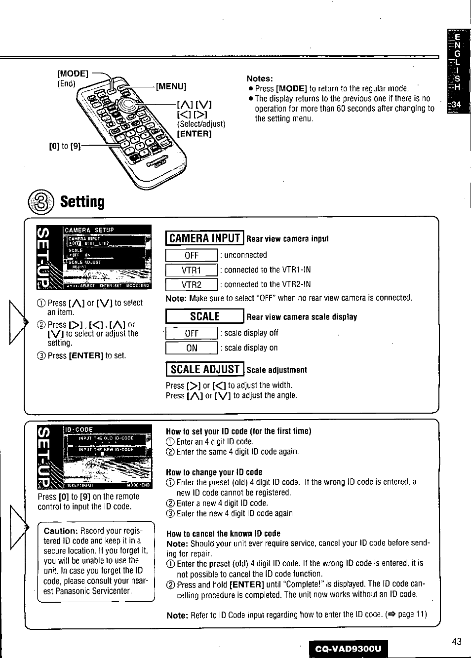 Setting, Scale adjustment, Mow to set your id code (for the first time) | How to change your id code, How to cancel the known id code, A] [v | Panasonic CQ VAD9300U User Manual | Page 43 / 304