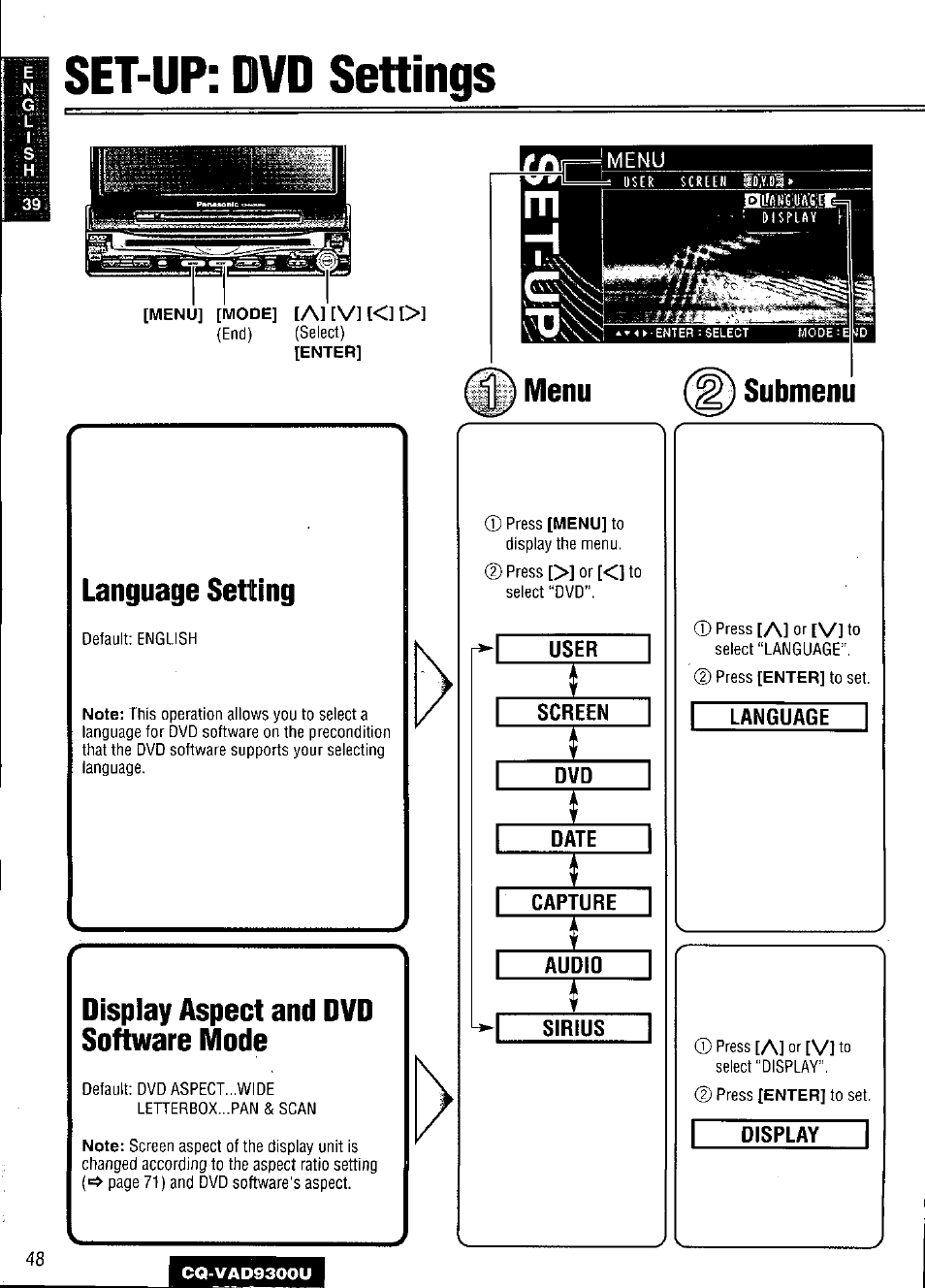 Set-up: dvd settings, Set-up : dvd settings | Panasonic CQ VAD9300U User Manual | Page 48 / 304