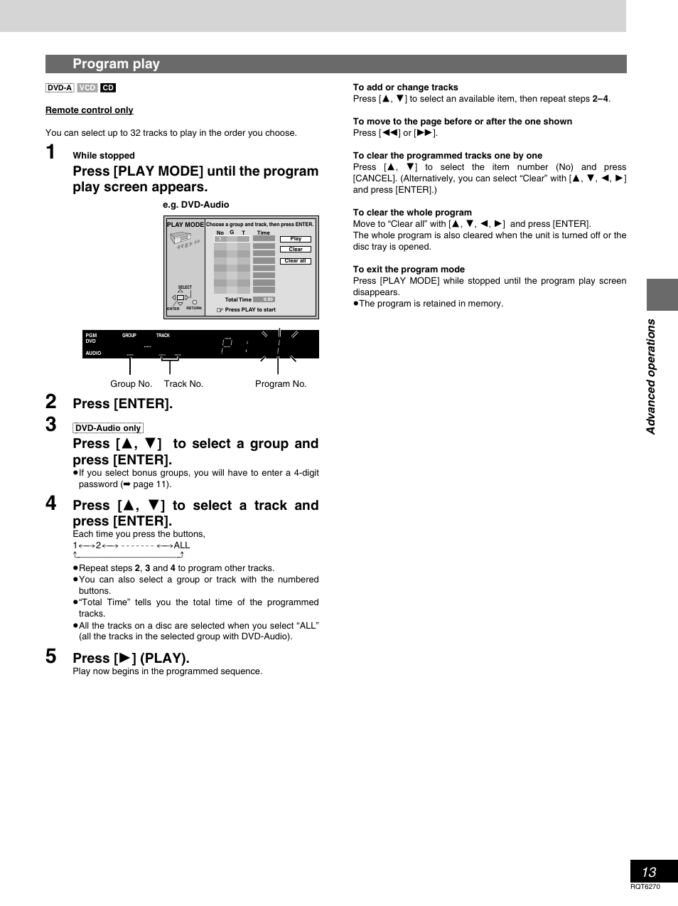 Program play, Press [enter, Press [ 3 , 4 ] to select a group and press [enter | Press [ 3 , 4 ] to select a track and press [enter, Press [ 1 ] (play), Advanced operations | Panasonic DVD-RA60 User Manual | Page 13 / 32
