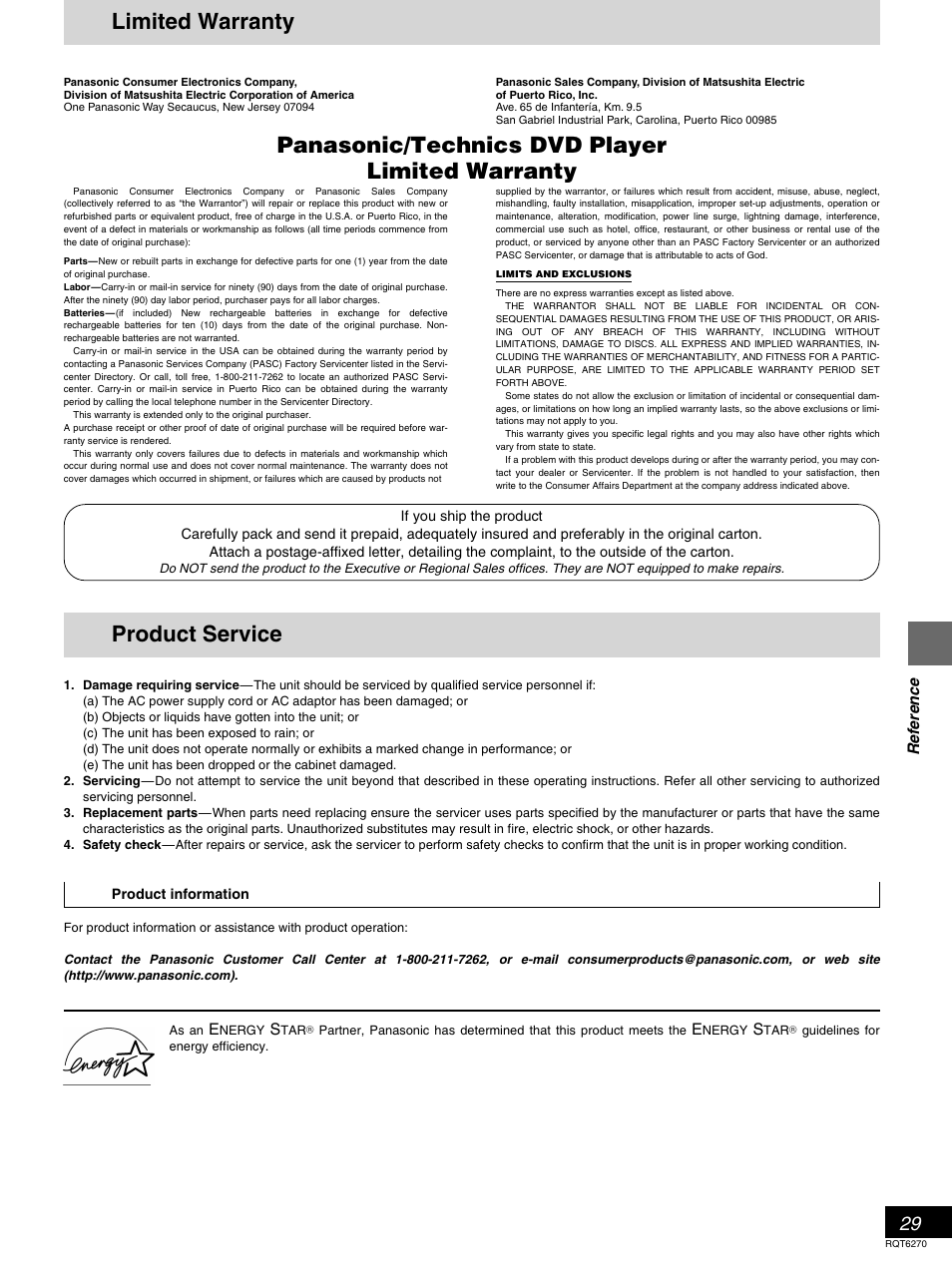 Limited warranty, Product service, Panasonic/technics dvd player limited warranty | Limited warranty product service, Reference | Panasonic DVD-RA60 User Manual | Page 29 / 32