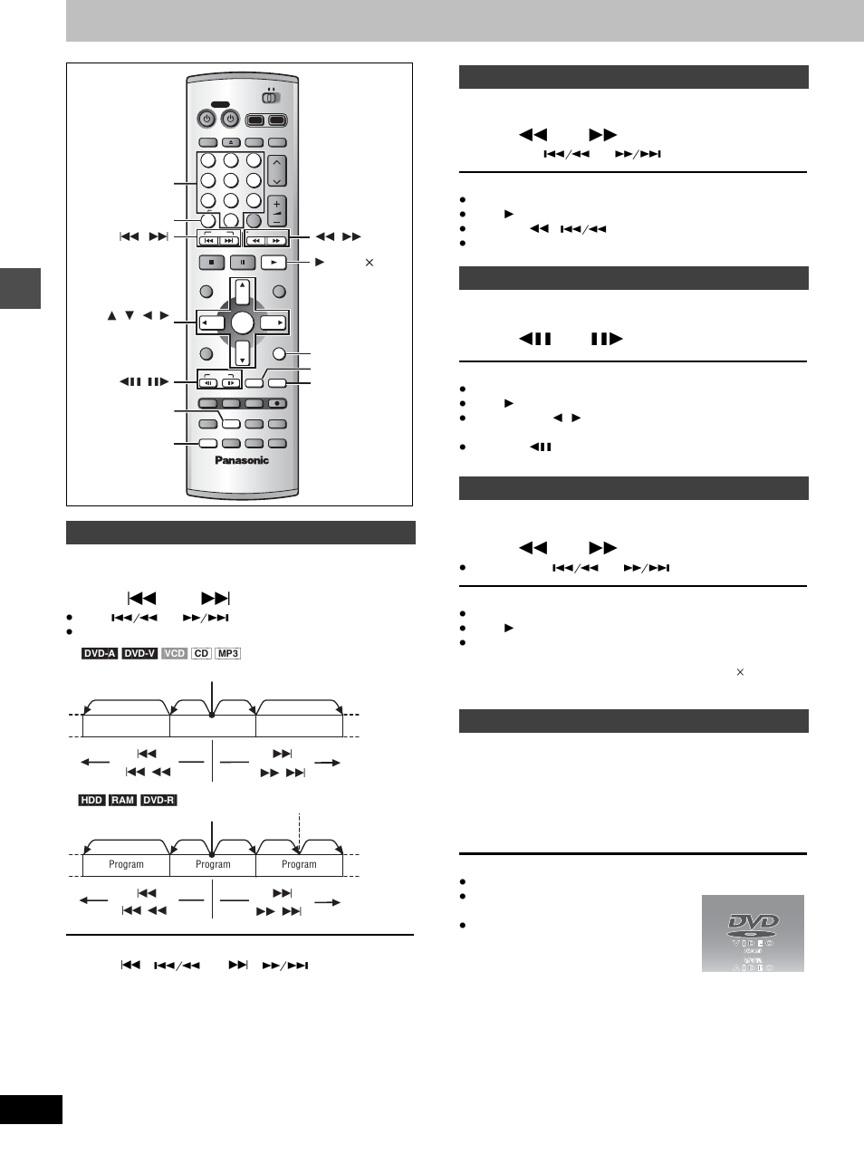 Other methods of play, Press [ : ] or [ 9, Press [ 6 ] or [ 5 | Press [ 2; ] or [ ;1, Press the numbered buttons to select the item, Skipping | Panasonic DMR-E100H User Manual | Page 20 / 72