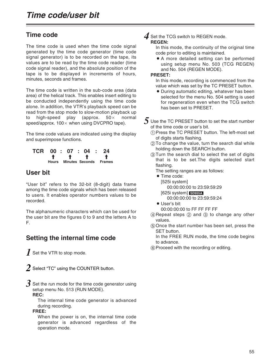 Time code/user's bit, Time code/user bit, Time code | User bit, Setting the internal time code | Panasonic AJ-SD930P User Manual | Page 55 / 80