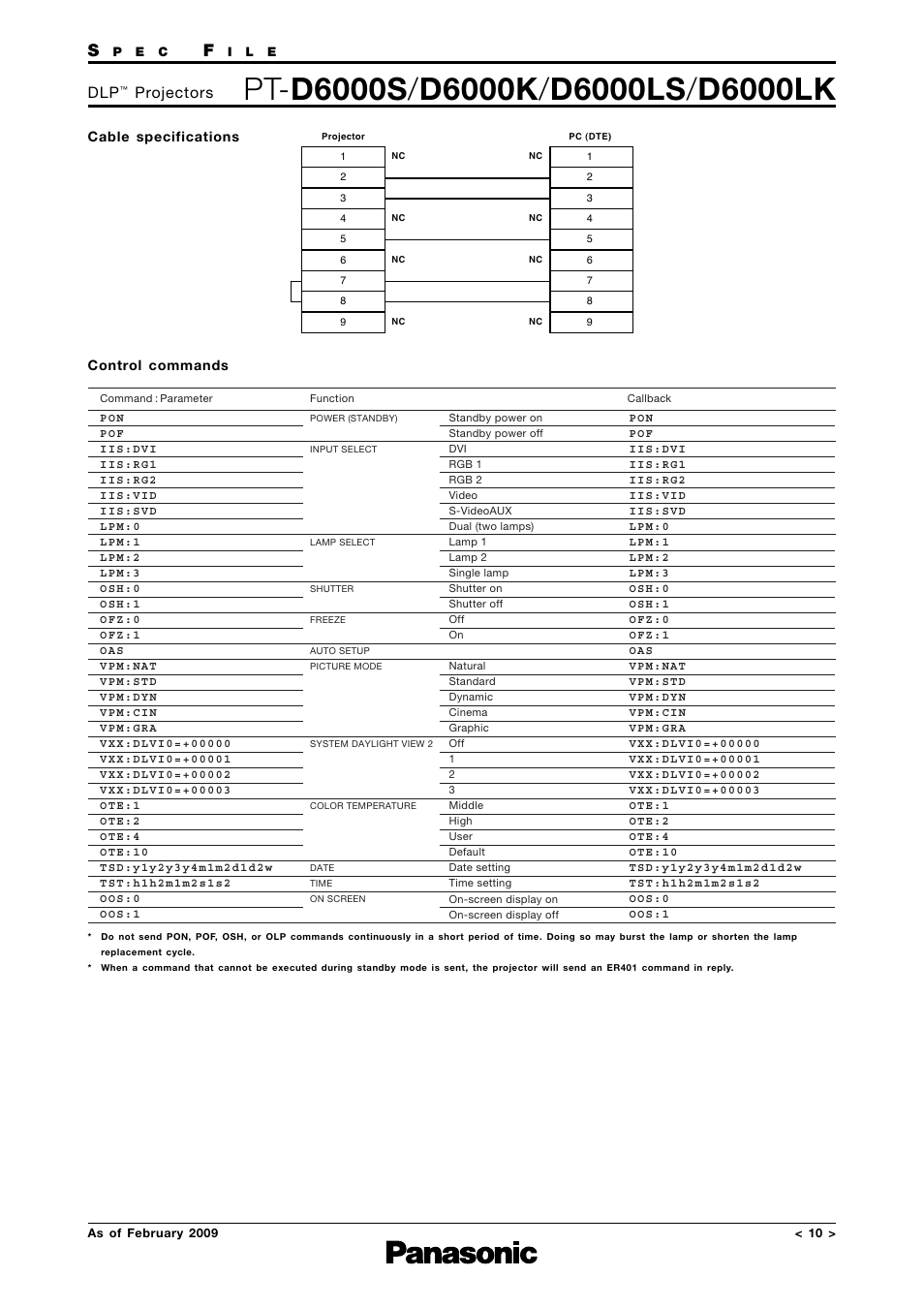 Cable specifications, Control commands, Projectors | Panasonic PT-D6000K User Manual | Page 10 / 12