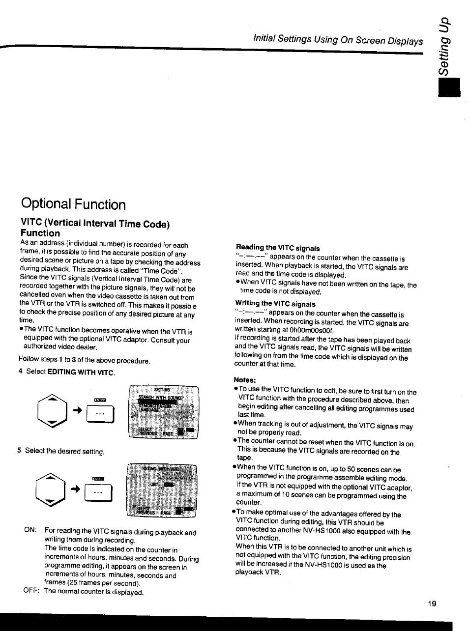 Vitc (vertical interval time code) function, J'^ed, Optional function | Panasonic NV-HS1000EC User Manual | Page 19 / 62