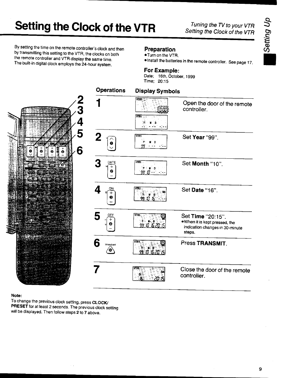 Preparation, For example, Operations display symbols | Press transmit, Setting the clock of the vtr | Panasonic NV-HS1000EC User Manual | Page 9 / 62