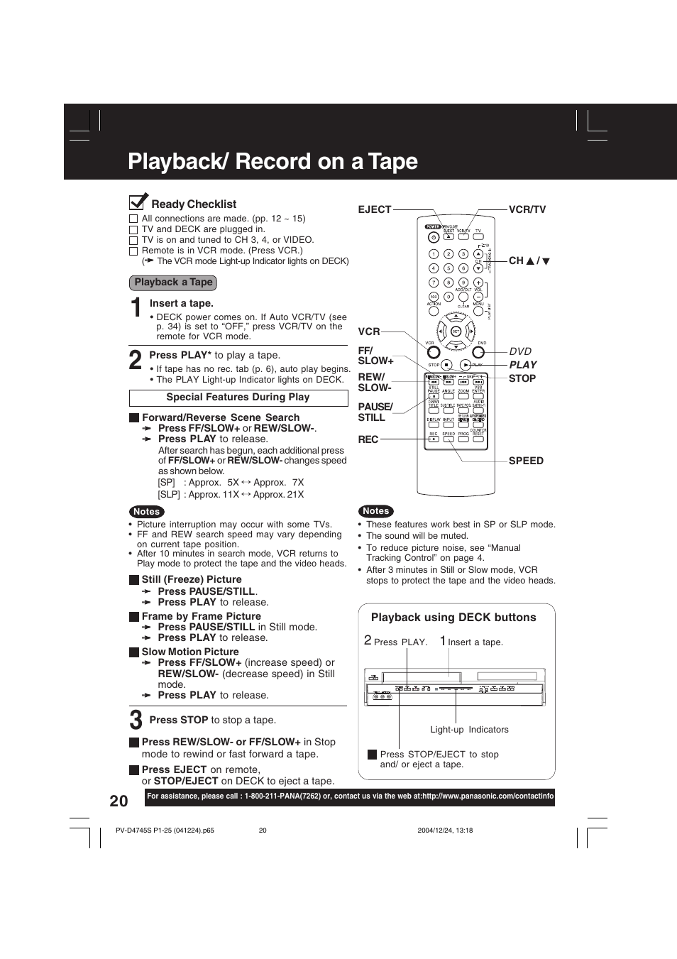 Playback/ record on a tape | Panasonic PV-D4745S User Manual | Page 20 / 72