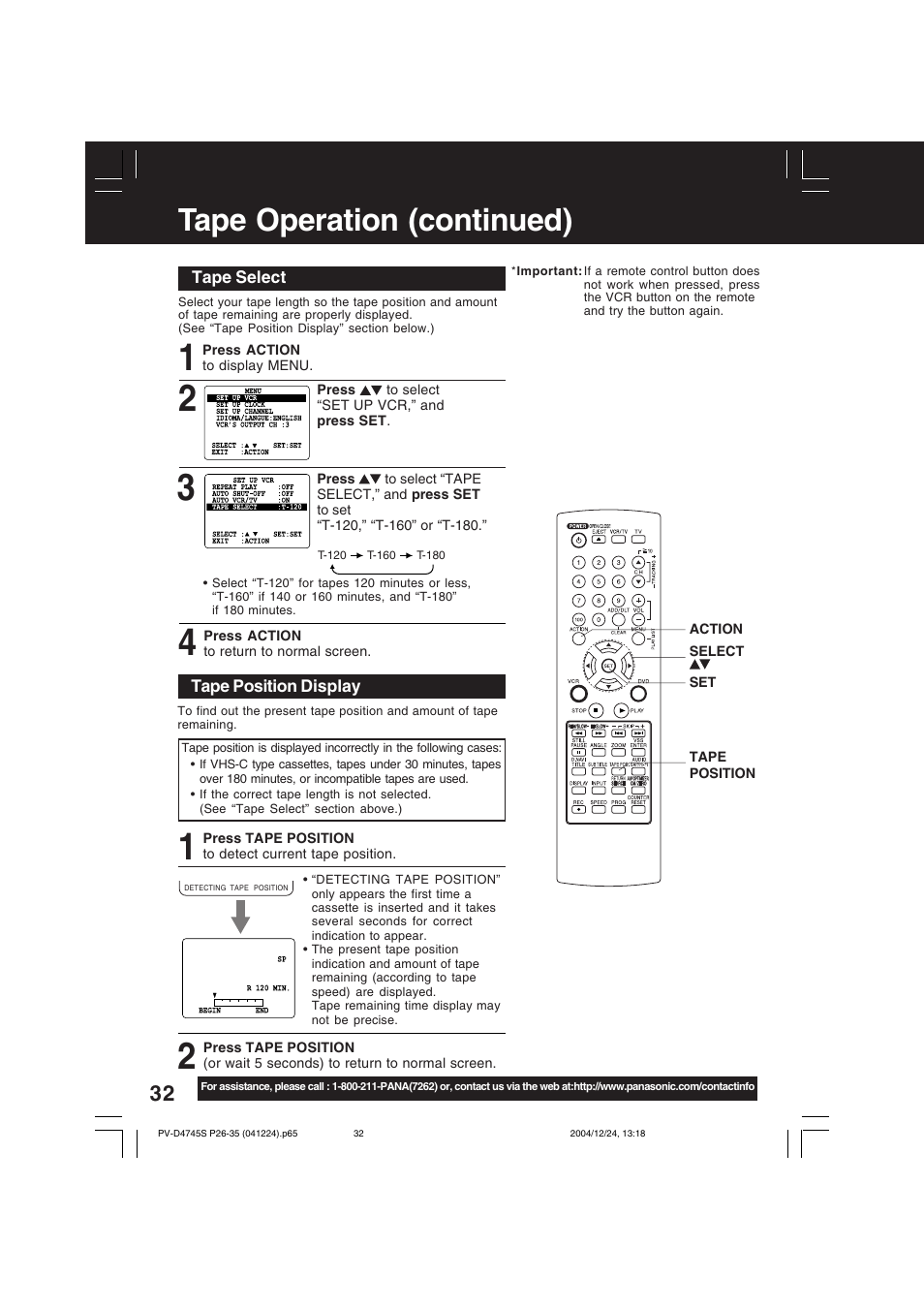 Tape operation (continued) | Panasonic PV-D4745S User Manual | Page 32 / 72