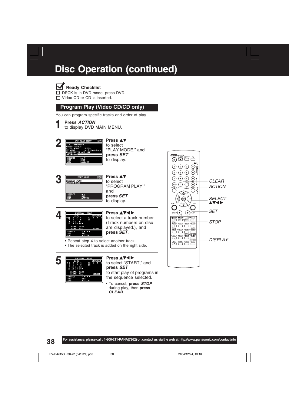 Disc operation (continued) | Panasonic PV-D4745S User Manual | Page 38 / 72