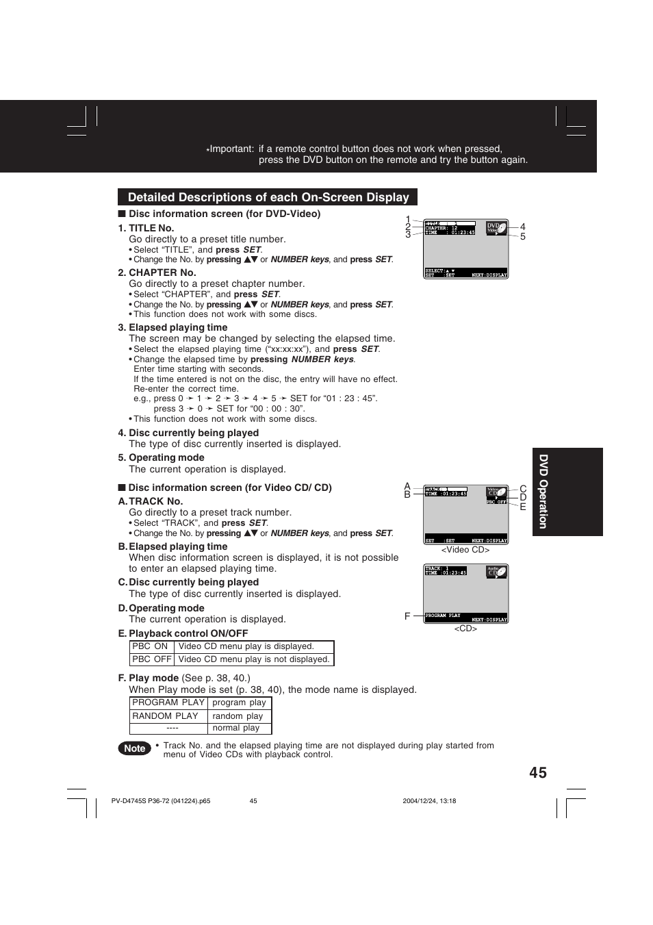 Detailed descriptions of each on-screen display | Panasonic PV-D4745S User Manual | Page 45 / 72