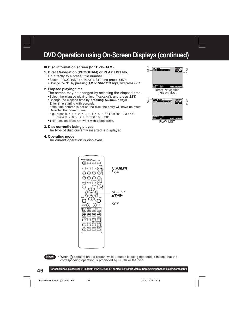 Dvd operation using on-screen displays (continued) | Panasonic PV-D4745S User Manual | Page 46 / 72