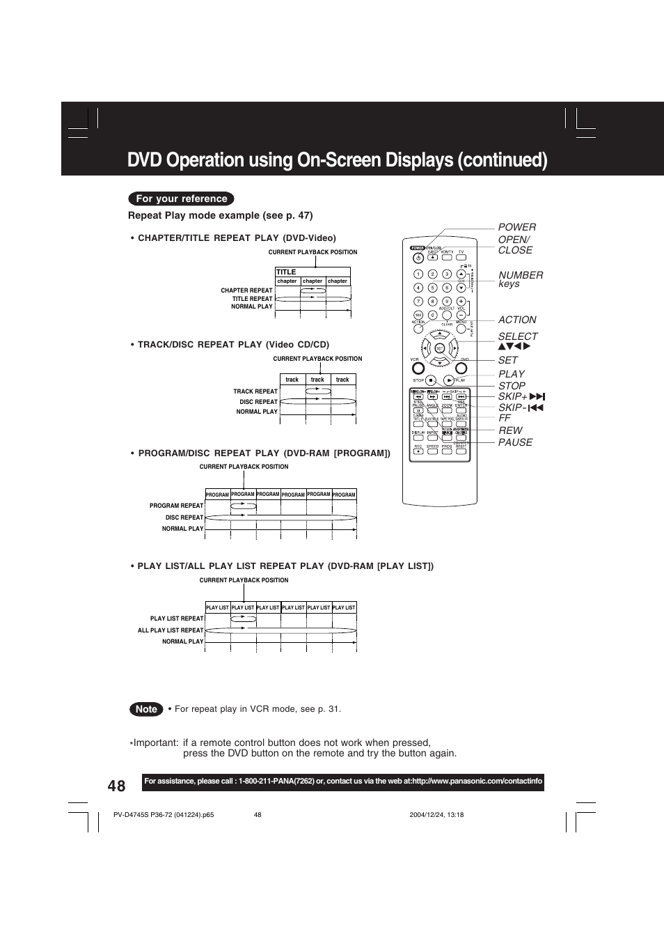 Dvd operation using on-screen displays (continued) | Panasonic PV-D4745S User Manual | Page 48 / 72