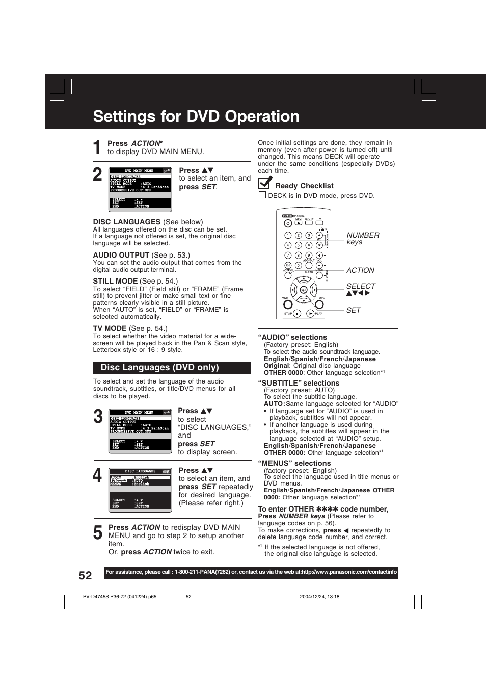 Settings for dvd operation | Panasonic PV-D4745S User Manual | Page 52 / 72