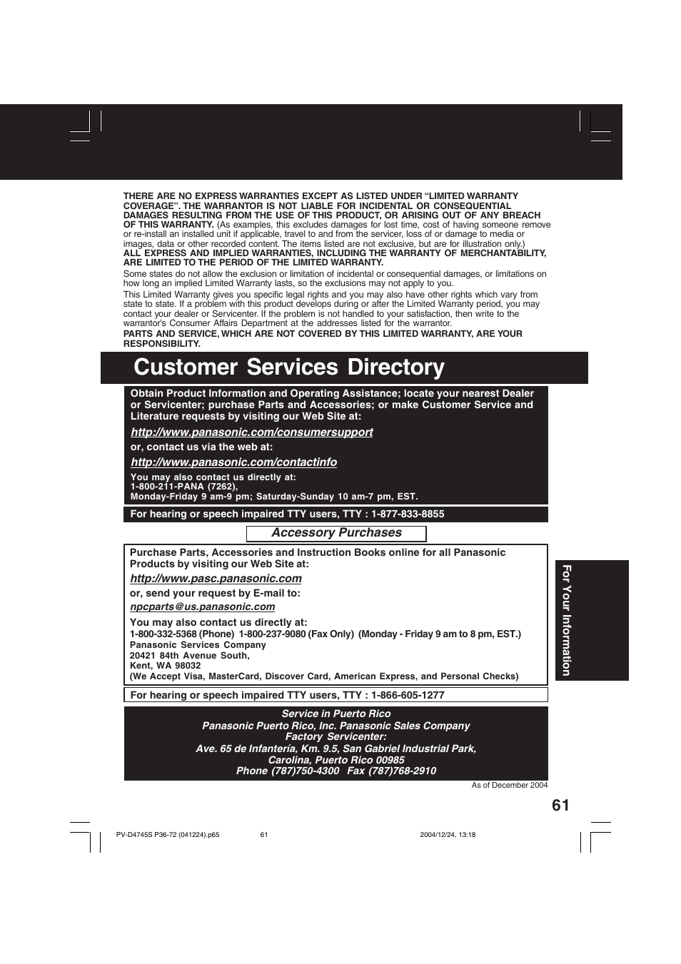 Customer services directory, Accessory purchases | Panasonic PV-D4745S User Manual | Page 61 / 72