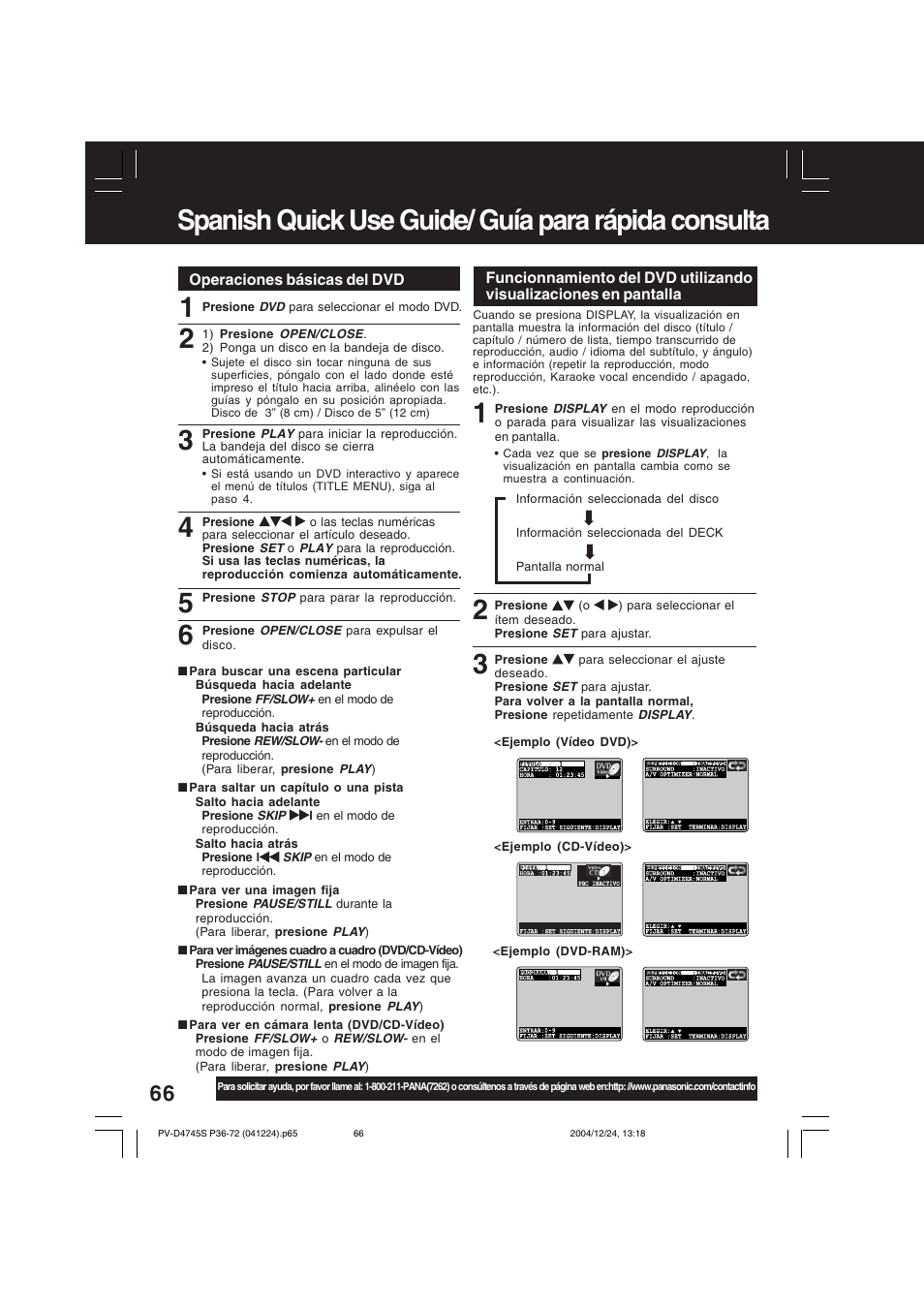 Spanish quick use guide/ guía para rápida consulta | Panasonic PV-D4745S User Manual | Page 66 / 72