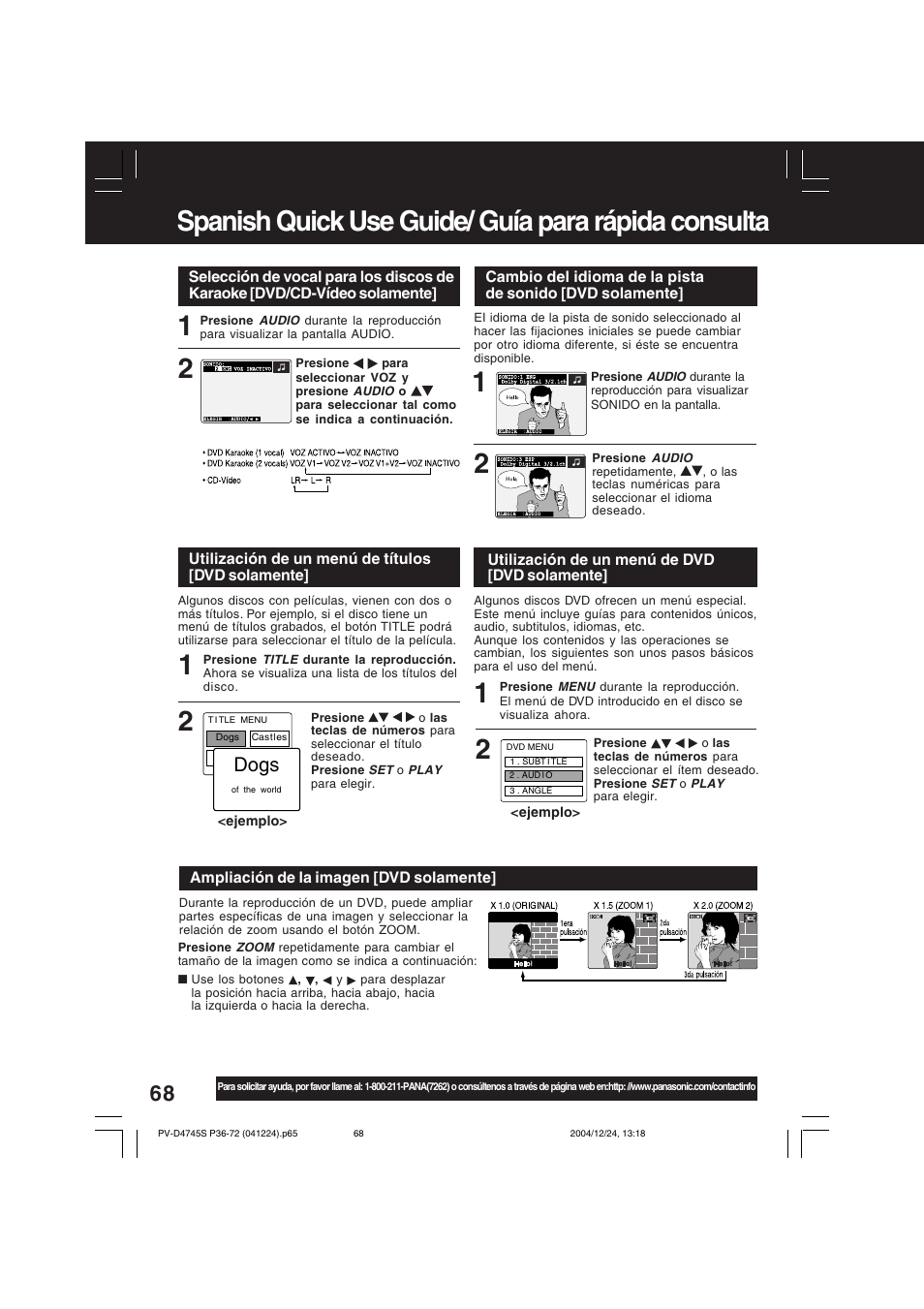 Spanish quick use guide/ guía para rápida consulta, Dogs, Utilización de un menú de títulos [dvd solamente | Ampliación de la imagen [dvd solamente, Utilización de un menú de dvd [dvd solamente | Panasonic PV-D4745S User Manual | Page 68 / 72