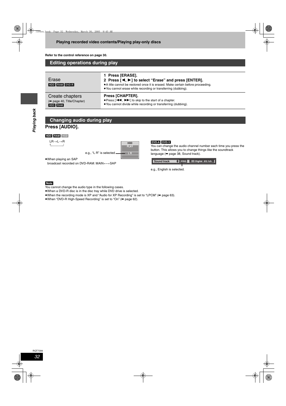 Editing operations during play, Changing audio during play, Press [audio | Editing operations during play erase, Create chapters | Panasonic DMR-E500H User Manual | Page 32 / 84