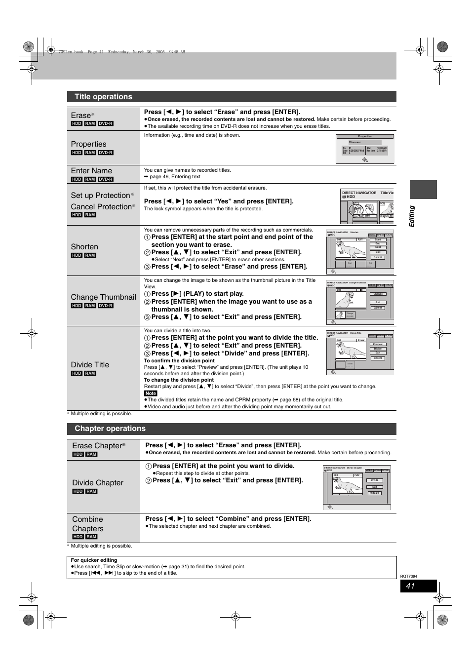 Title operations, Chapter operations, Title operations erase | Properties, Enter name, Set up protection, Cancel protection, Shorten, Change thumbnail, Divide title | Panasonic DMR-E500H User Manual | Page 41 / 84