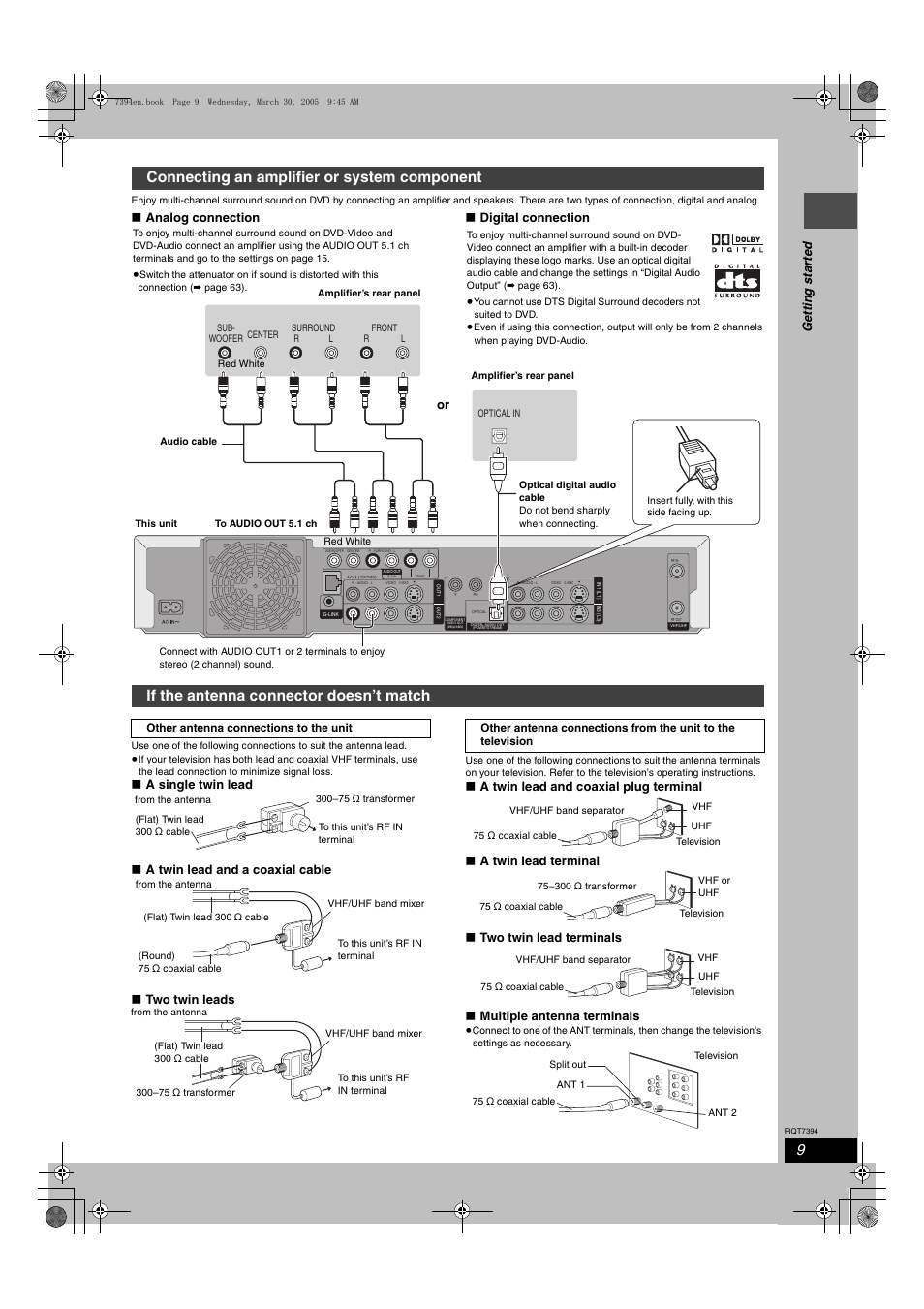 Ge tt in g s ta rte d, Analog connection ∫ digital connection | Panasonic DMR-E500H User Manual | Page 9 / 84