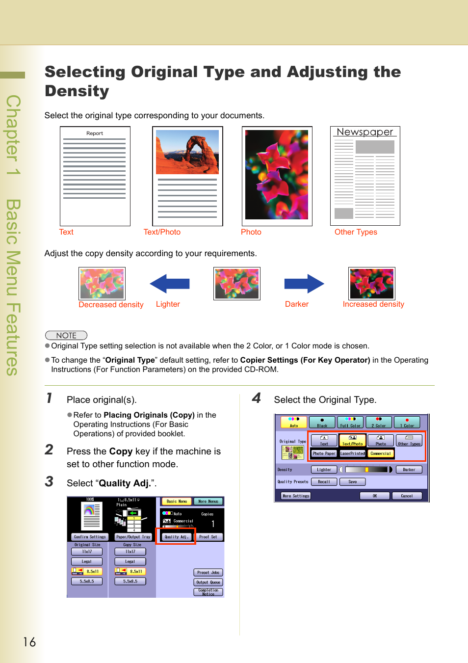 Selecting original type and adjusting the density, Chapter 1 basic menu features | Panasonic DP-C263  EN User Manual | Page 16 / 98