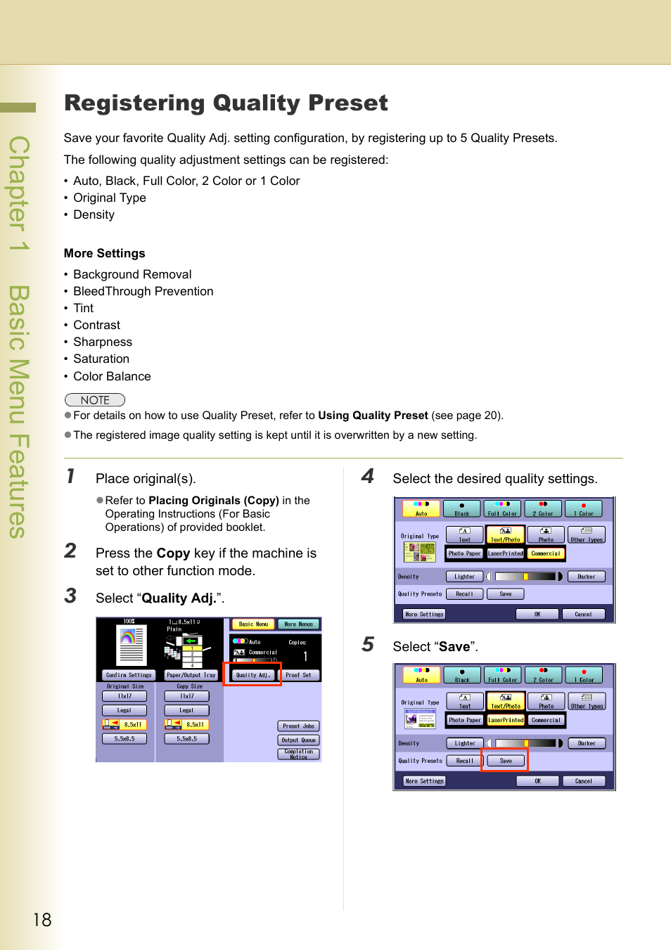 Registering quality preset, Chapter 1 basic menu features | Panasonic DP-C263  EN User Manual | Page 18 / 98