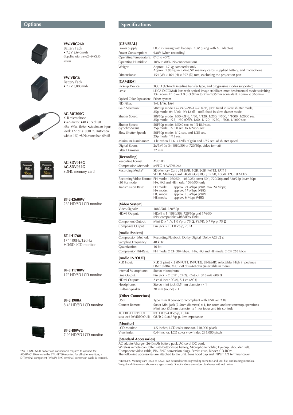 Options, Specifications | Panasonic AG-HMC154 User Manual | Page 11 / 12