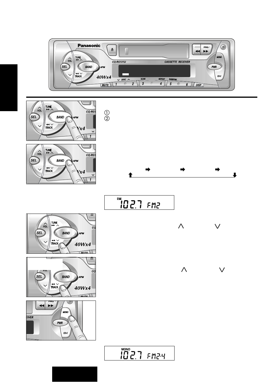 Fonctionnement de la radio, Sélection du mode radio, Sélection de la bande | Accord manuel, Accord par recherche, Réduction d’interférence dans la bande fm (mono) | Panasonic CQ-RG131U User Manual | Page 32 / 72