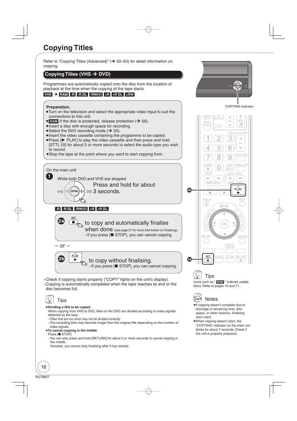 Copying titles, Press and hold for about 3 seconds | Panasonic DMR-EZ47VEB User Manual | Page 16 / 96