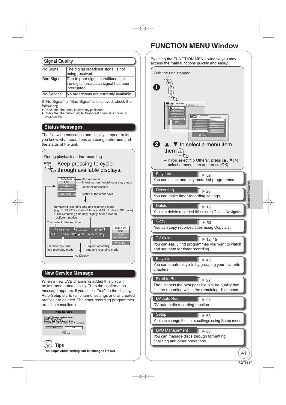 Function menu window, Keep pressing to cycle through available displays, Signal quality status messages new service message | Tips | Panasonic DMR-EZ47VEB User Manual | Page 41 / 96