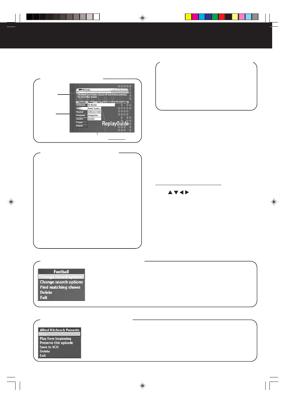 Watching your recorded shows, Replay show popup menu items, Four types of replay channels | Replay channel popup menu items, Replay guide screen, Changing replay channel characteristics | Panasonic PV-HS2000 User Manual | Page 35 / 60