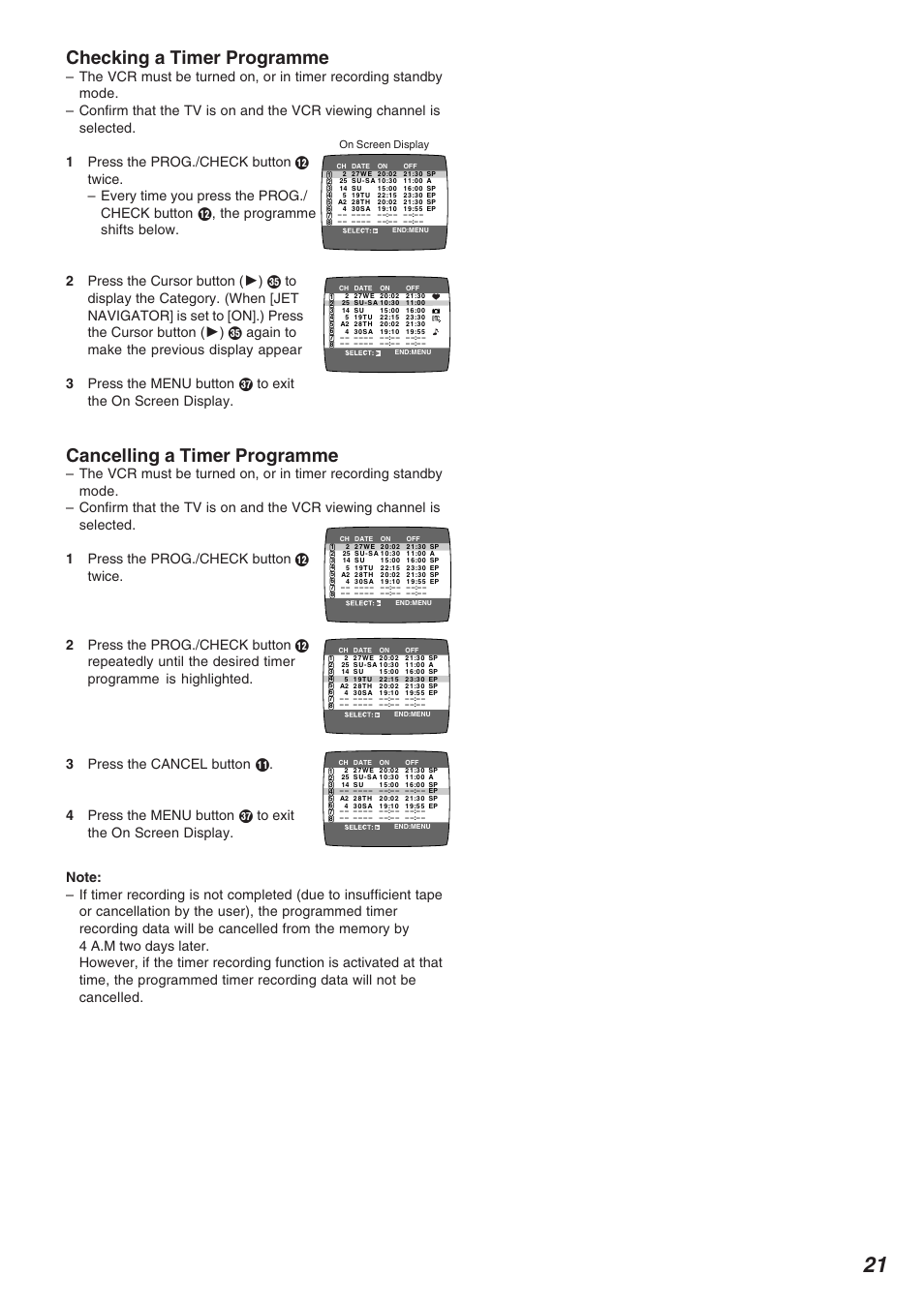 Checking a timer programme, Cancelling a timer programme | Panasonic NV-FJ720 User Manual | Page 21 / 32