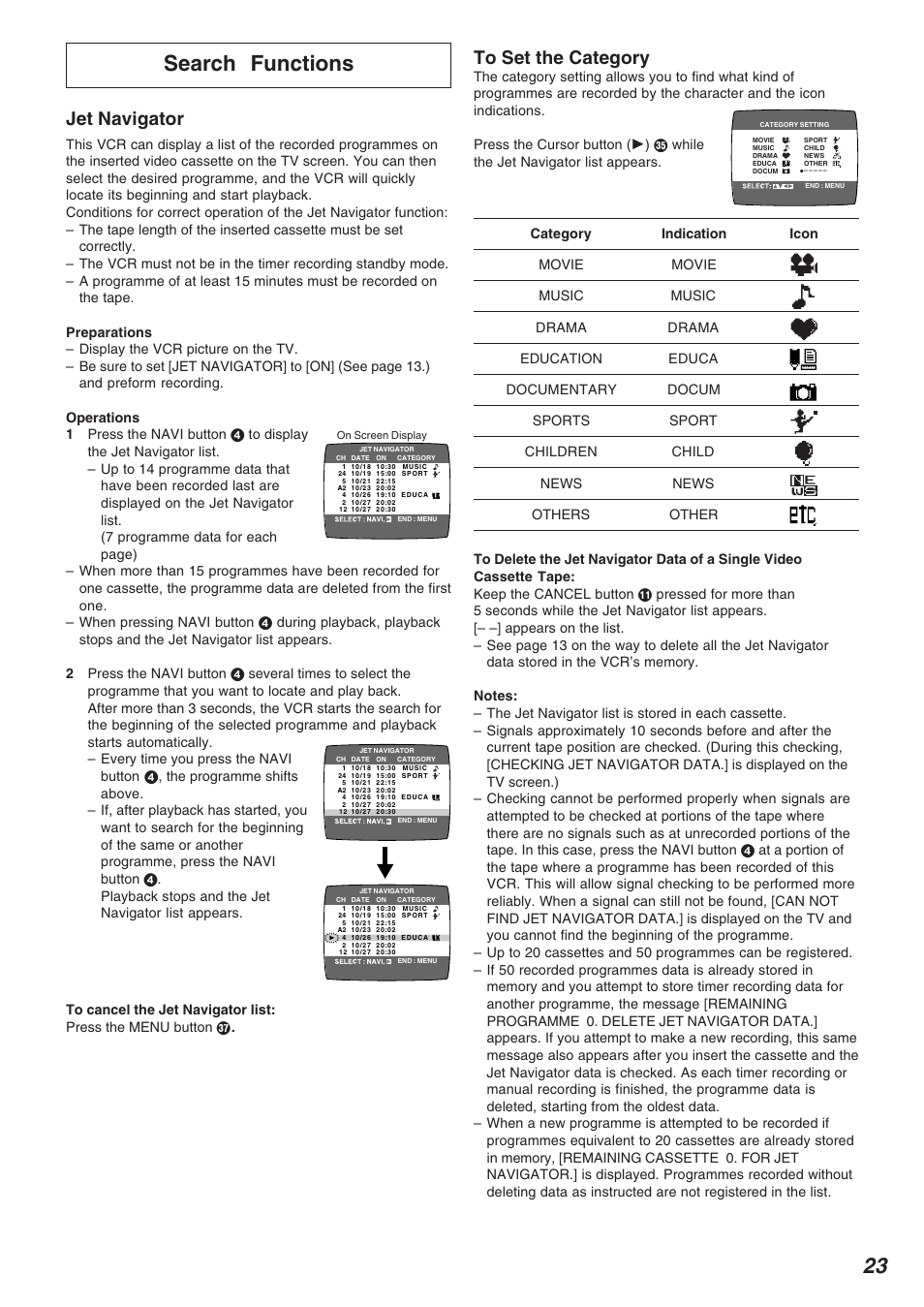 Search functions, 23 search functions, Jet navigator | Panasonic NV-FJ720 User Manual | Page 23 / 32