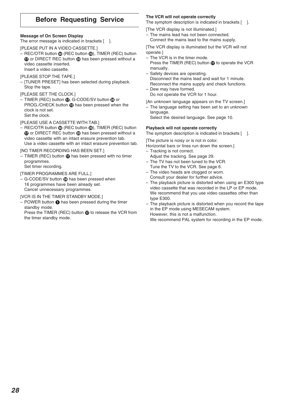 Before requesting service, 28 before requesting service | Panasonic NV-FJ720 User Manual | Page 28 / 32