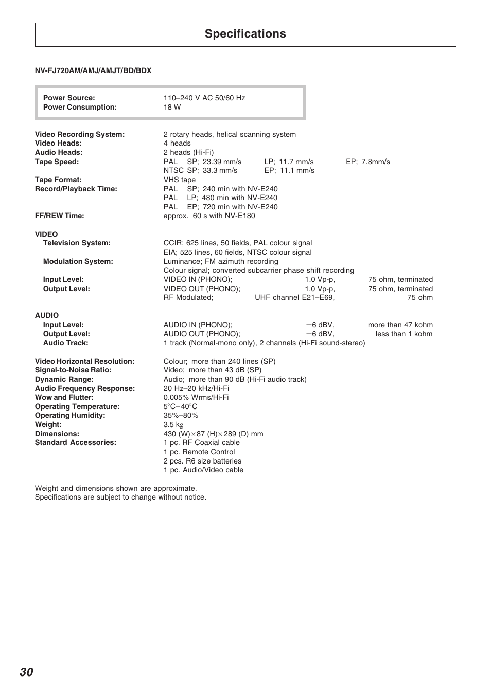 Specifications, 30 specifications | Panasonic NV-FJ720 User Manual | Page 30 / 32